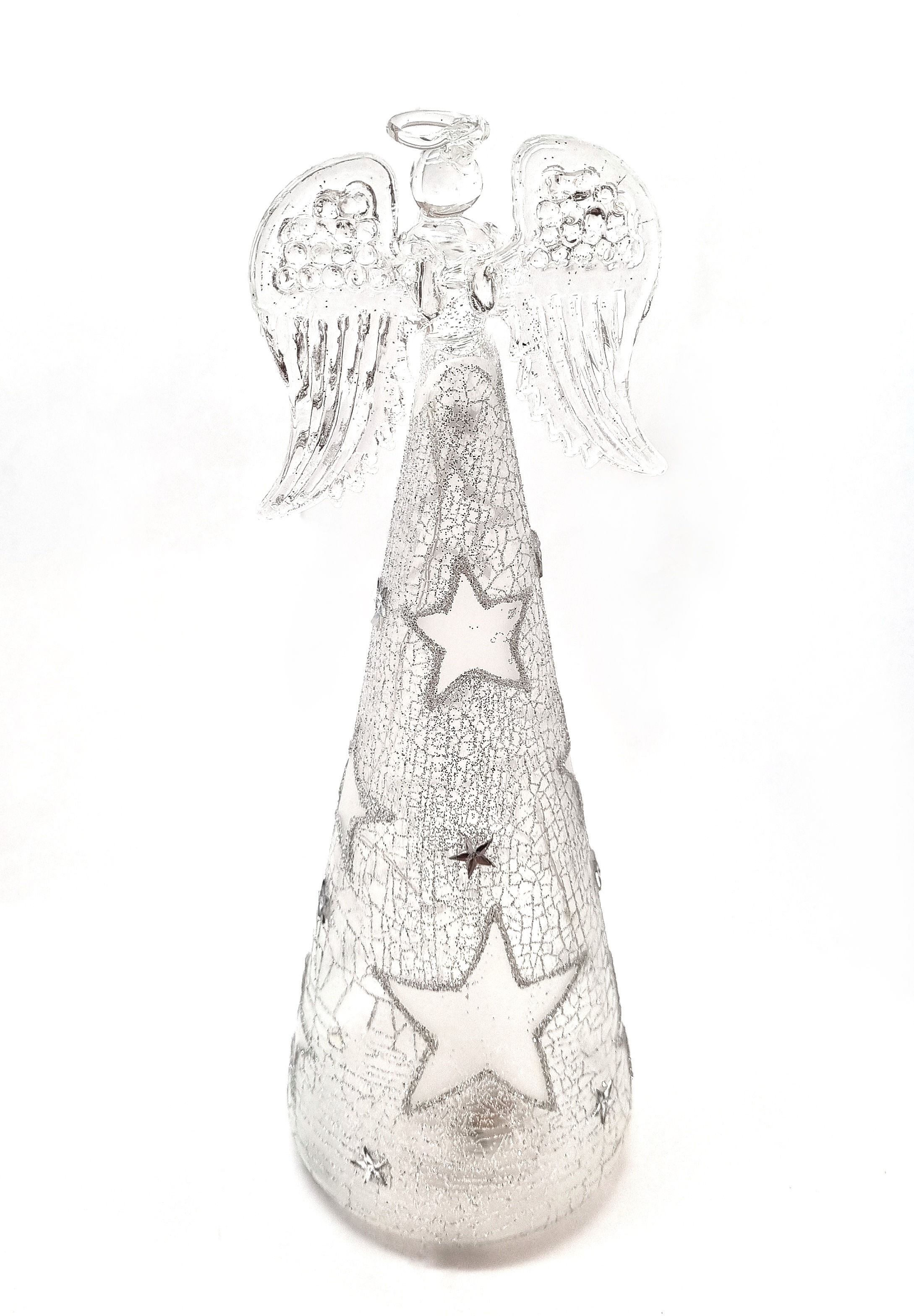 Christmas Glass Angel with Silver Glitter and Warm LED Light