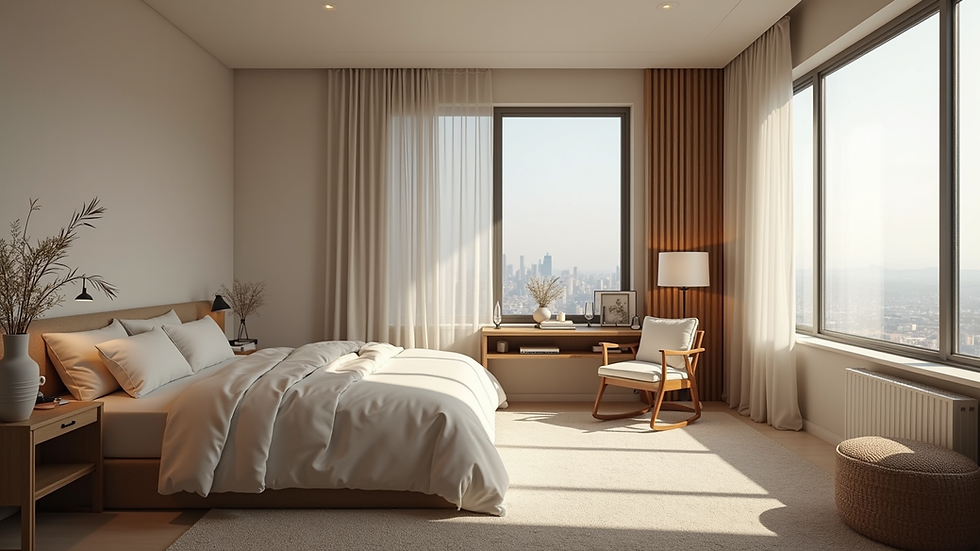 Wide angle view of a cozy furnished bedroom with a workspace