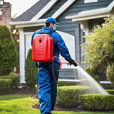 Pest control technician in blue long sleeve polo using red plastic backpack to spray front