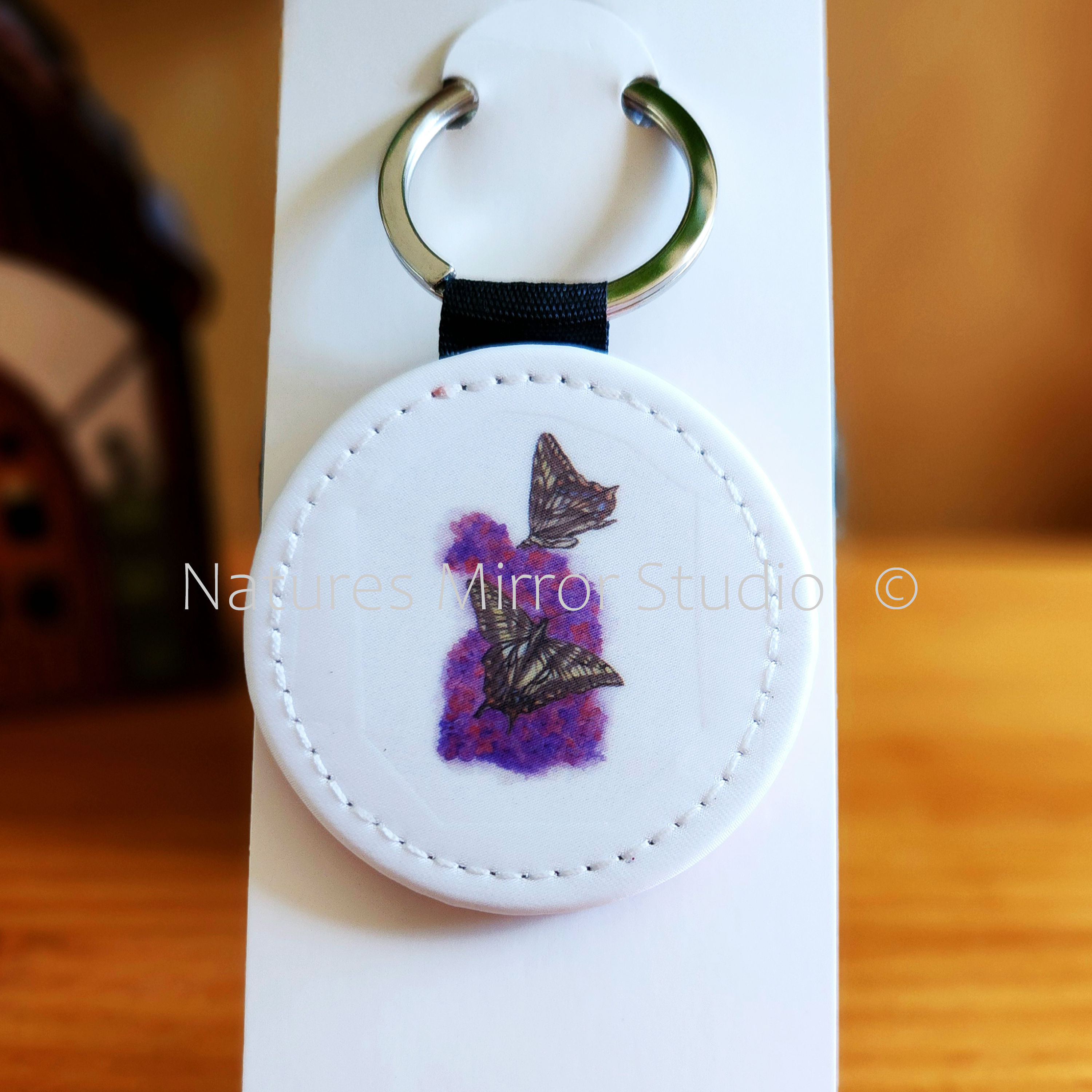 Lilacs and Swallowtails - Leather Keychain with Sparkle Back
