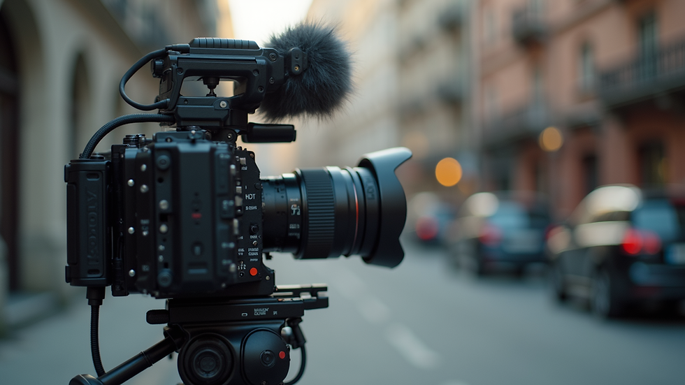Eye-level view of a professional video camera on a tripod during a shoot