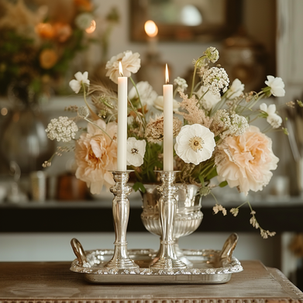 Beautiful silver Shabbos candlesticks in front of blush and white flowers | Rochel Leah Black