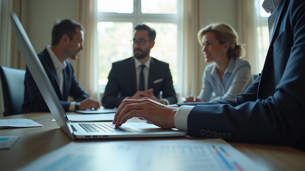 Eye-level view of a business meeting with a consultant presenting data on a laptop