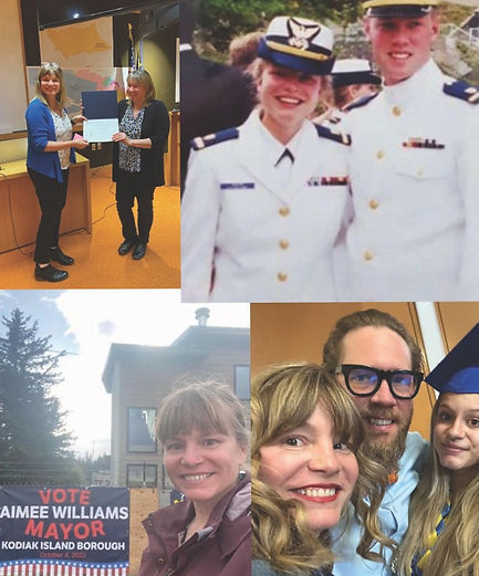 Aimee as Mayor, a mayoral campaign sign, Aimee in uniform, and at her daughters HS graduation
