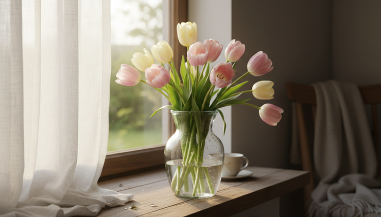 Eye-level view of a vase of tulips opening beside a sunlit window