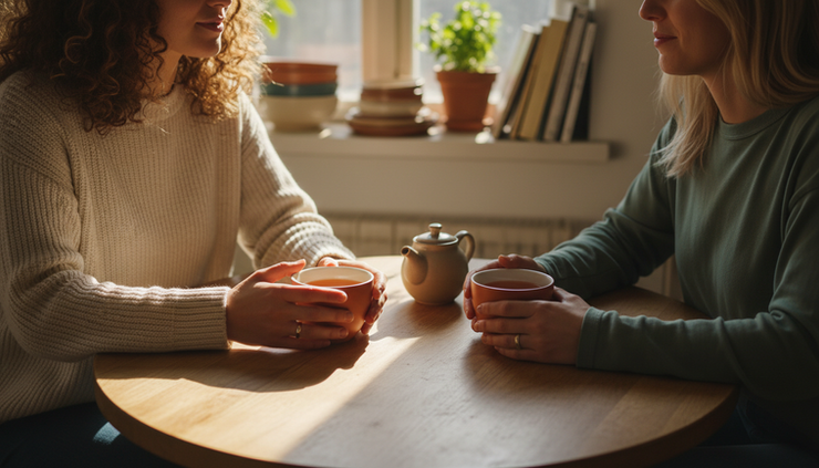 Close-up view of two friends having tea at a small kitchen table