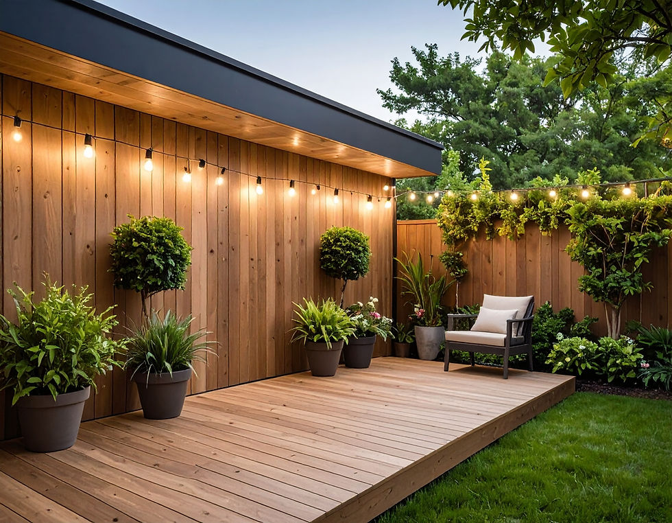 Small backyard with a custom wood deck featuring vertical privacy walls, hanging string lights, and potted plants.”