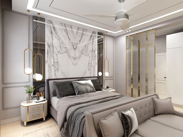 Dining area showcasing a sophisticated ambiance with designer lighting