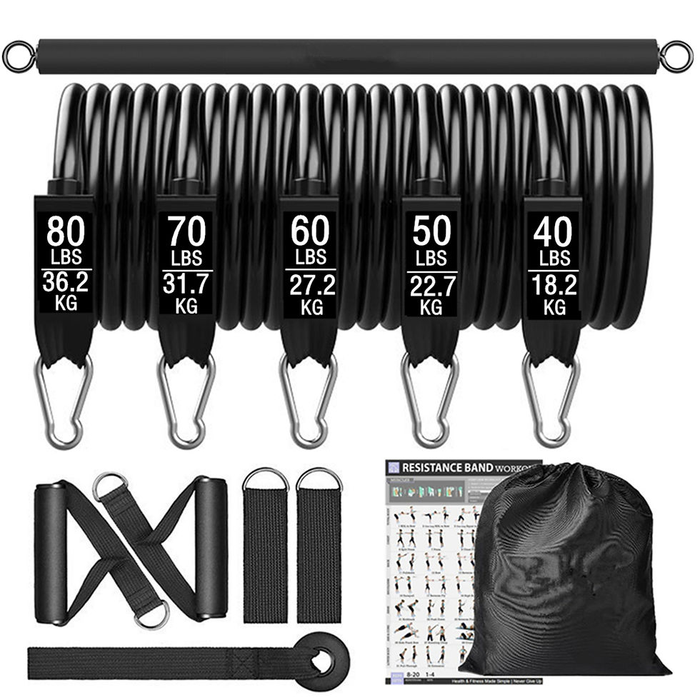 Thumbnail: Workout Bar Fitness Resistance Bands Set Pilates Yoga Pull Rope Exercise Trainin