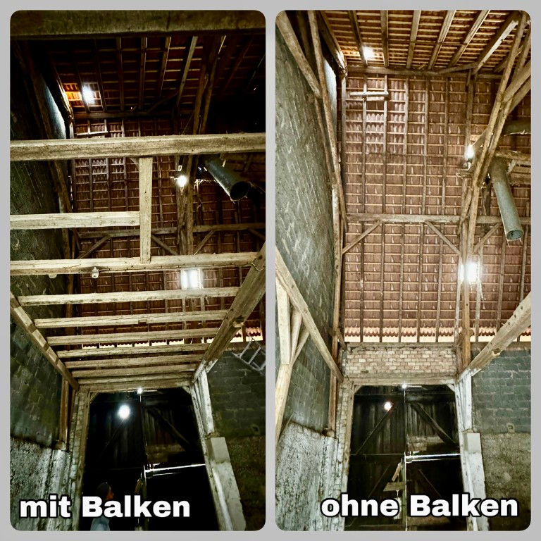diese Balken in über 4 Metern Höhe wurden fachmännisch und ohne Unfall entfernt