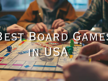 Best Board Games in USA featured on a tabletop scene with friends gathered around a Monopoly board, rolling dice and moving game pieces during a cozy game night indoors.