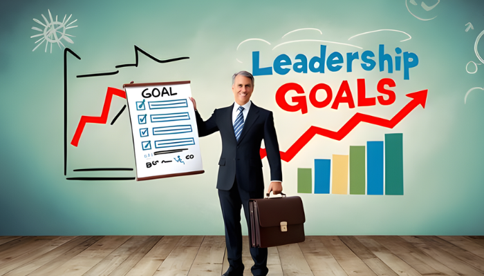 A professional man holding a checklist with the word "GOAL" written on it, standing in front of a colorful chart displaying "Leadership GOALS" with an upward trend.