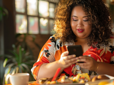 Smiling curvy woman using a smartphone while sitting at a café table with food, representing body positivity and the modern cultural meaning of Torta Slang.