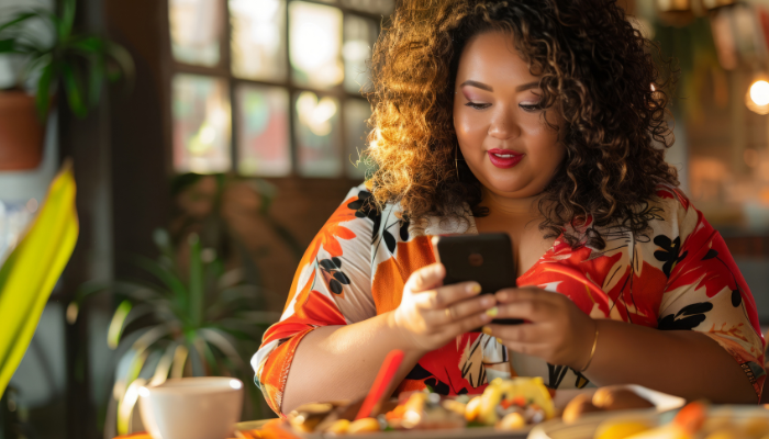 Smiling curvy woman using a smartphone while sitting at a café table with food, representing body positivity and the modern cultural meaning of Torta Slang.