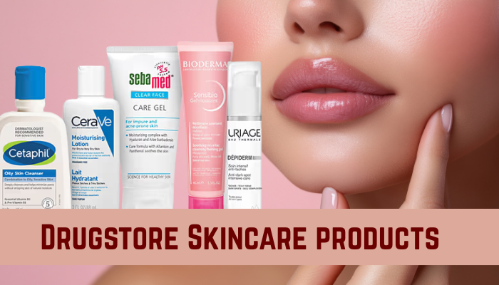 Drugstore skincare products displayed alongside a close-up of glowing skin, featuring popular brands like CeraVe, Cetaphil, Sebamed, Bioderma, and Uriage for cleansing, moisturizing, and sensitive skin care.