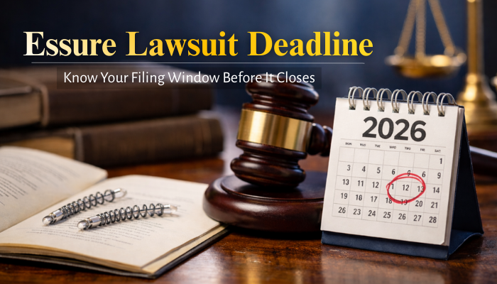 Essure Injury Lawsuit deadline concept showing a gavel, legal books, and a 2026 calendar highlighting filing deadlines for Essure injury lawsuit claims.