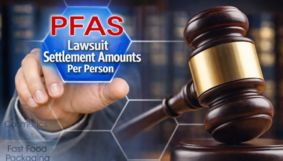 PFAS litigation settlements concept with gavel and hand pointing at lawsuit settlement amounts per person