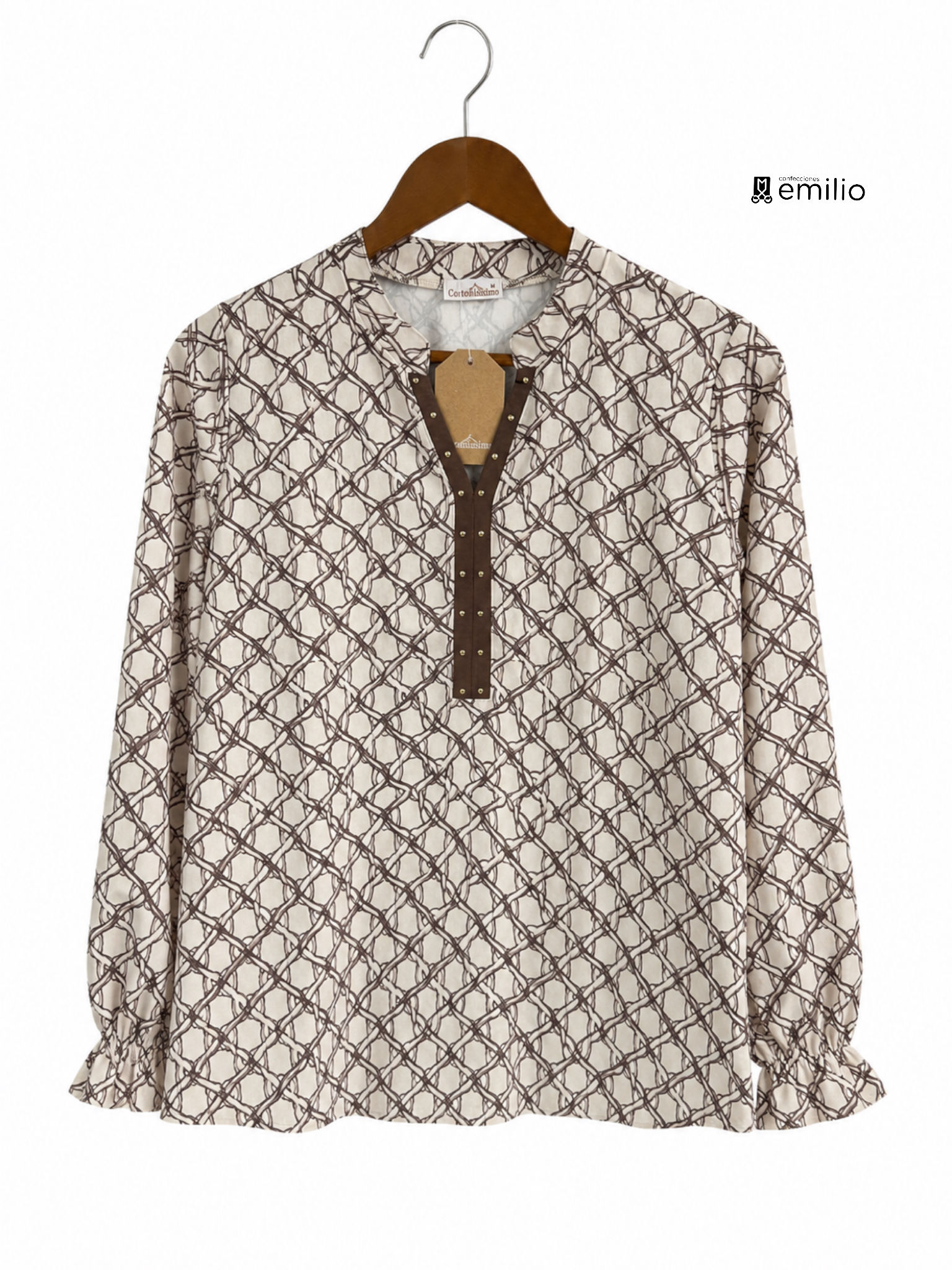 Blusa estampada de mujer en tonos crudo y marrón