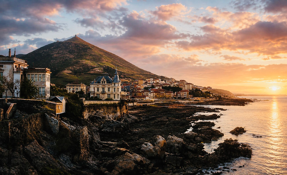 Recreación histórica de la costa entre Portugalete y Santurce en un atardecer de julio. La marea baja deja al descubierto las rocas de la ribera mientras las últimas luces del día tiñen el cielo y se reflejan sobre las tranquilas aguas de la ría. Una evocación de aquel paisaje marinero de finales del siglo XIX, escenario cotidiano de pescadores, lanchas y traineras.