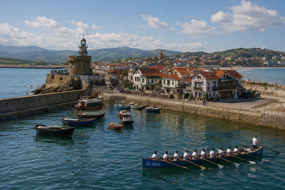 Recreación aproximada histórica: San Juan de Luz en septiembre de 1880. Una imagen evocadora de aquellas primeras jornadas de regatas, con la trainera «Azul», de San Sebastián, surcando las aguas de la bahía.