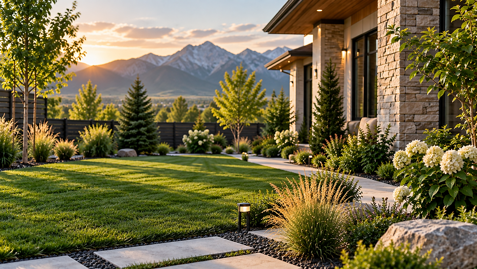 Professionally landscaped residential property with green lawn, garden beds, and mountain views