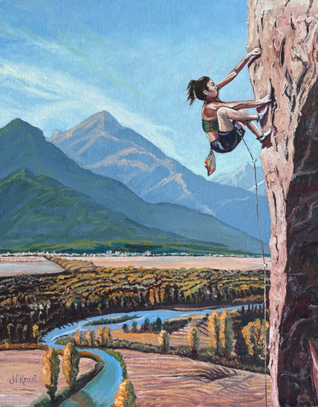 A tenacious climber scales a challenging precipice set against a river and mountain scape.  This is an homage to female strength and the tenacity required to live a joyful life. Stepping outside our boundaries to achieve something extraordinary is the hallmark of living a good life.  Have at it, ladies!