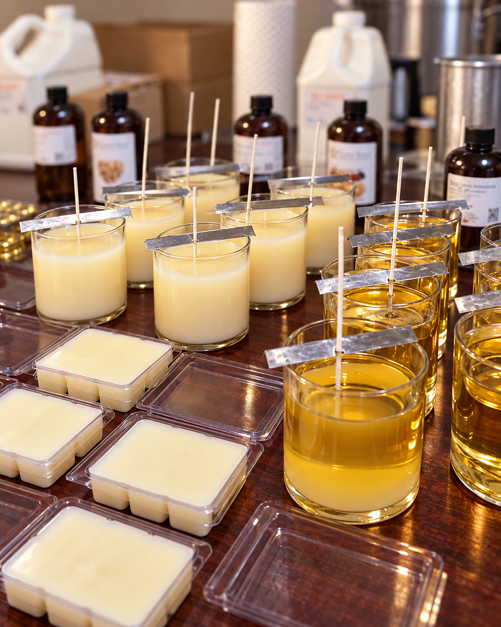 Cream-colored candles cooling beside golden wax and open wax melt packages