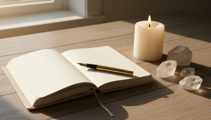 Eye-level view of a glowing journal beside a candle and crystals.