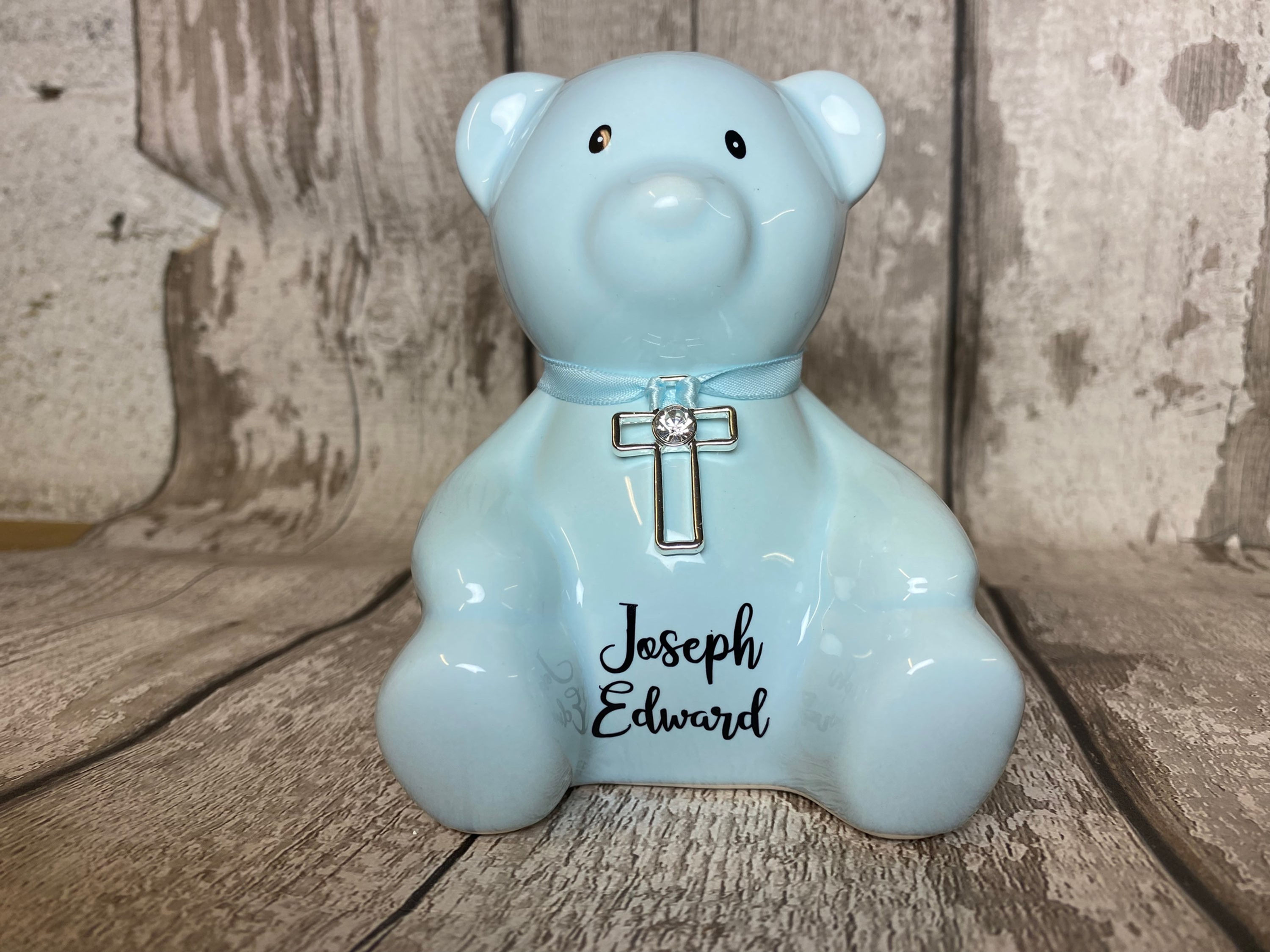 Blue Personalised Moneybox, Christening Piggybank Bear