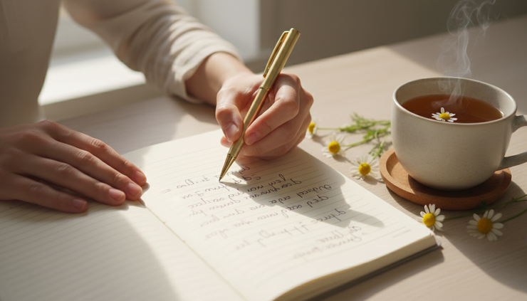 Close-up of hands writing affirmations in a lined notebook.