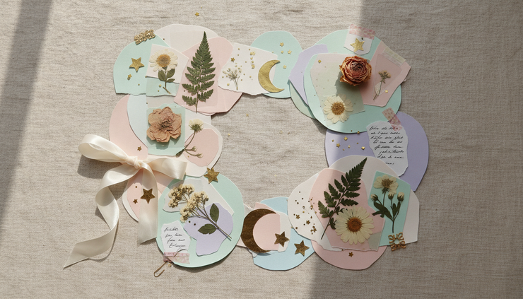 Overhead view of a vision board with stars, flowers and handwritten notes.