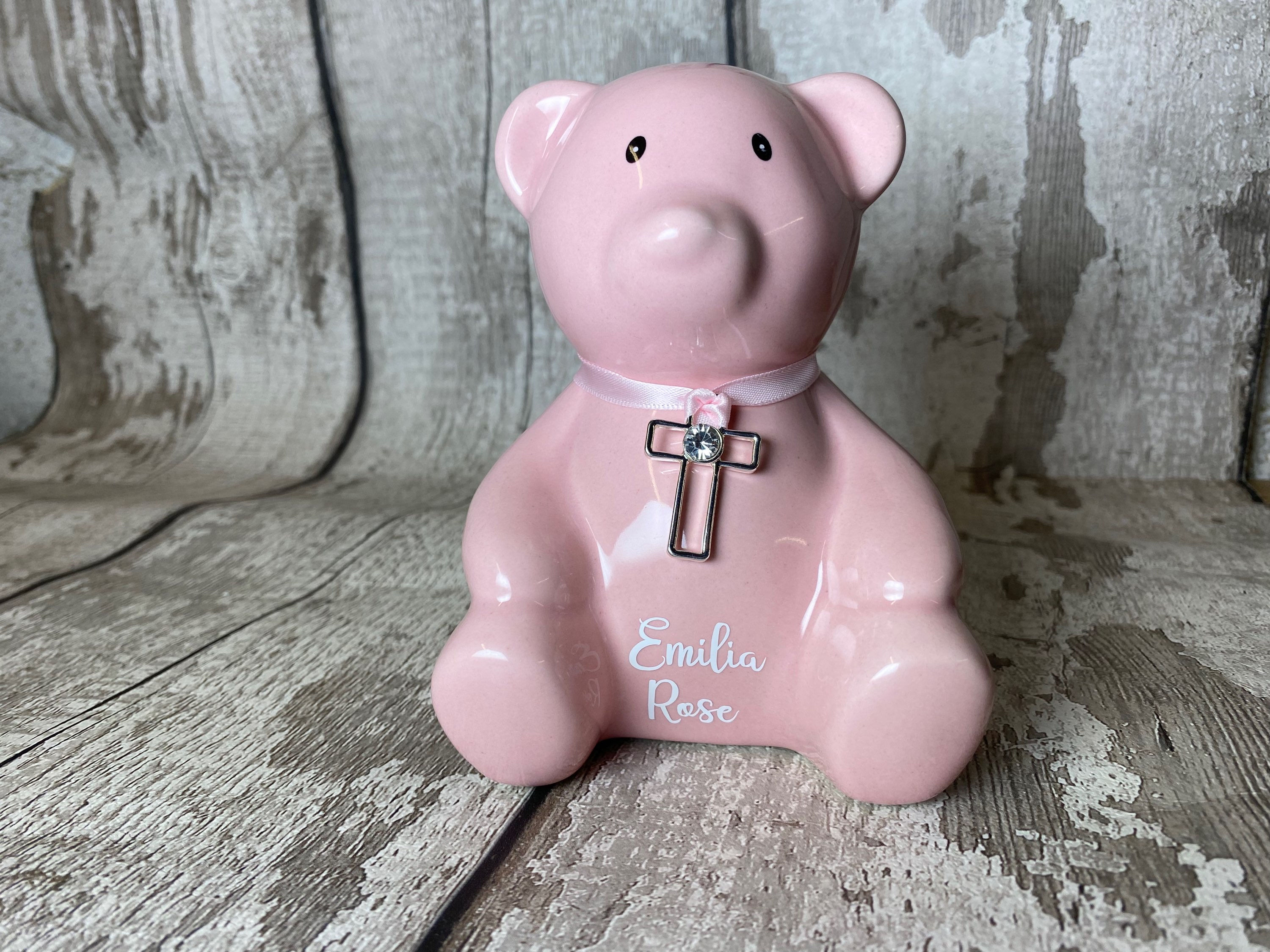 Pink Personalised Moneybox, Christening Piggybank Bear