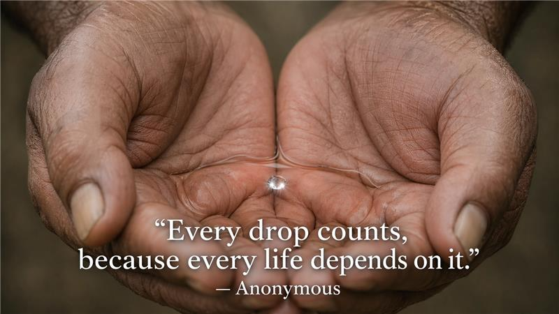 Cupped hands holding a single water drop. Text overlay: "Every drop counts, because every life depends on it." Mood is thoughtful.