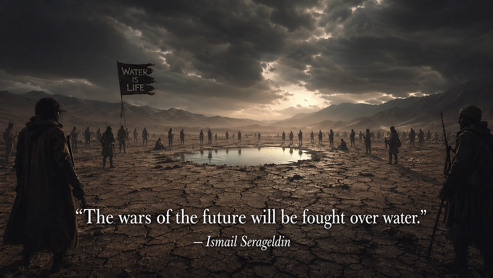 Desert landscape with people around a small pond, holding a "Water is Life" flag. Dark clouds loom overhead. Quote: "The wars of the future..."