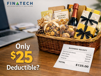 Gourmet business gift basket on a desk with wine and snacks, a receipt totaling $135, and a caption that says ‘Only $25 Deductible?’ highlighting the business gift tax limit.