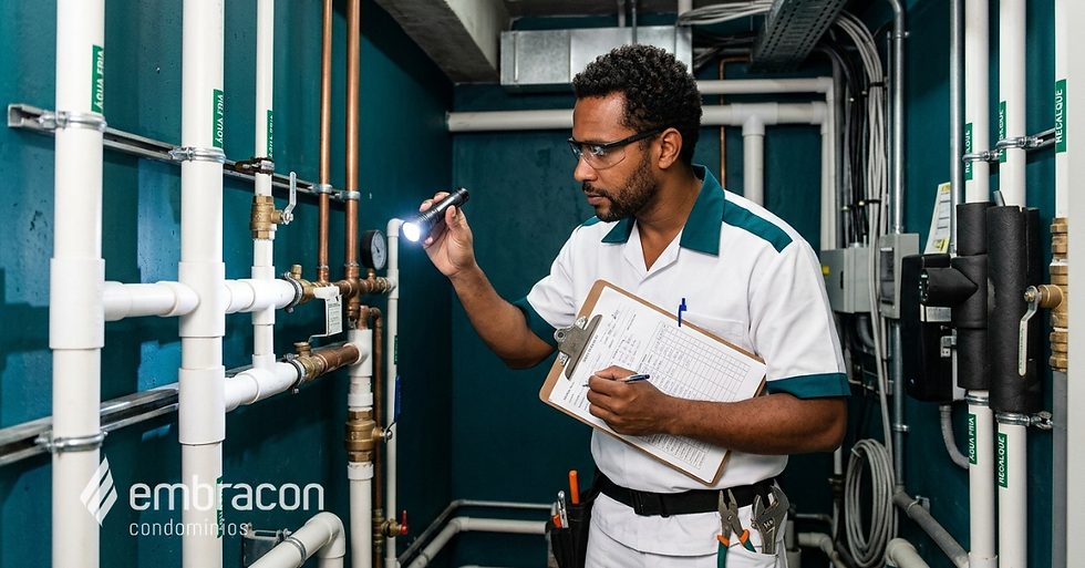 Técnico inspeciona tubulações com lanterna e prancheta em sala técnica azul. Logo da Embracon no canto inferior esquerdo.