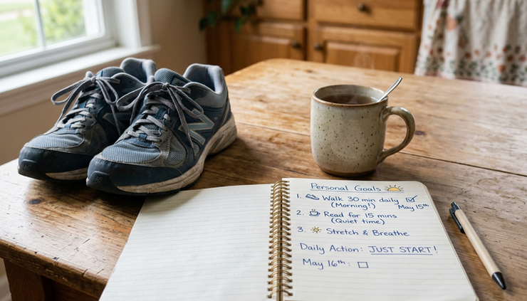 Close-up of a handwritten goal list beside a mug and a pair of walking shoes.