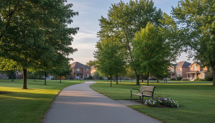 Wide-angle view of a quiet walking path through a neighbourhood park in early morning.