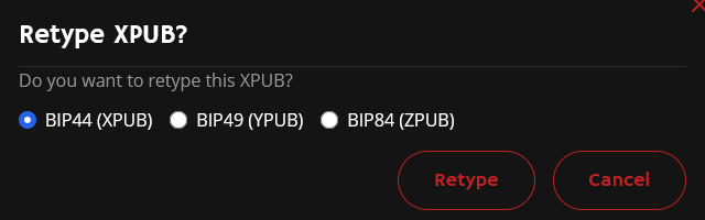 Changer le type de dérivation de la xpub étudiée depuis RoninUI