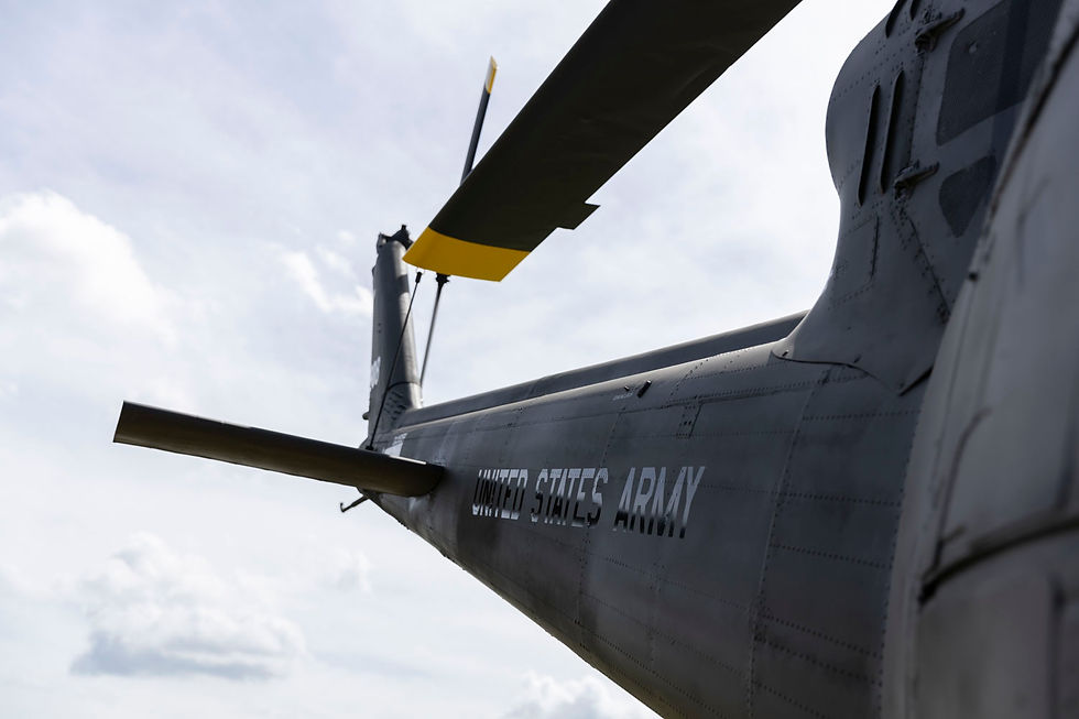 The tail of the Restored 1964 Huey helicopter at Missouri National Veterans Memorial in Perryville, Missouri.
