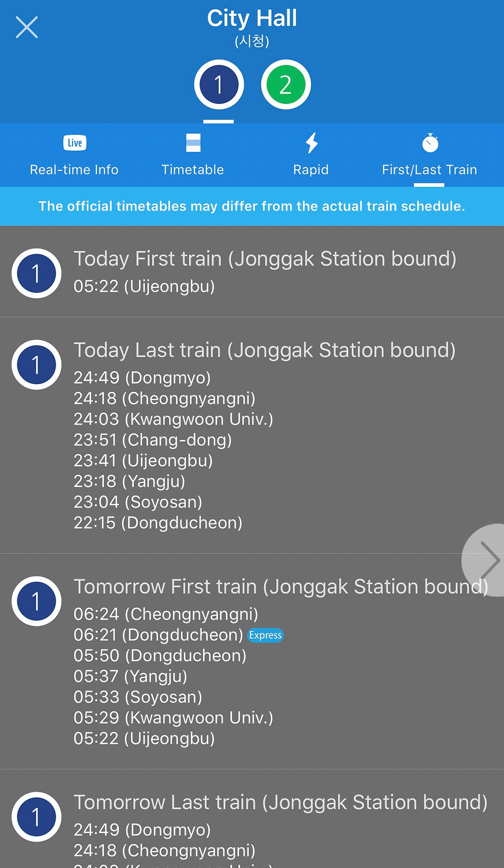 Time table (real-time info, time of first and last train of the day) is all provided