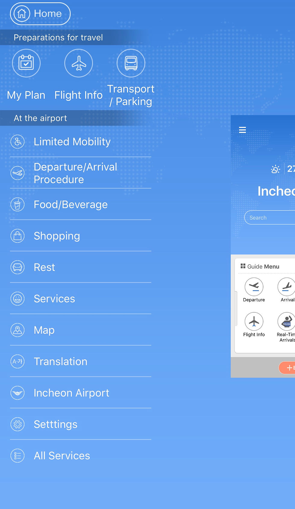 Click at the side bar, and then choose "Flight Info" (on the top left side) to check for flight schedule. The side bar provides a list of informations such as restaurants available, translation etc.