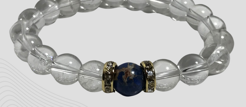 Pulseira de Quartzo Transparente, Rondeis, Jaspe Indigo.19,5 cm em Fio de Strech Duplo.