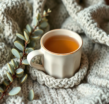 side eye level view of cream large chunky mug of tea, resting on a cozy blanket, pale sage