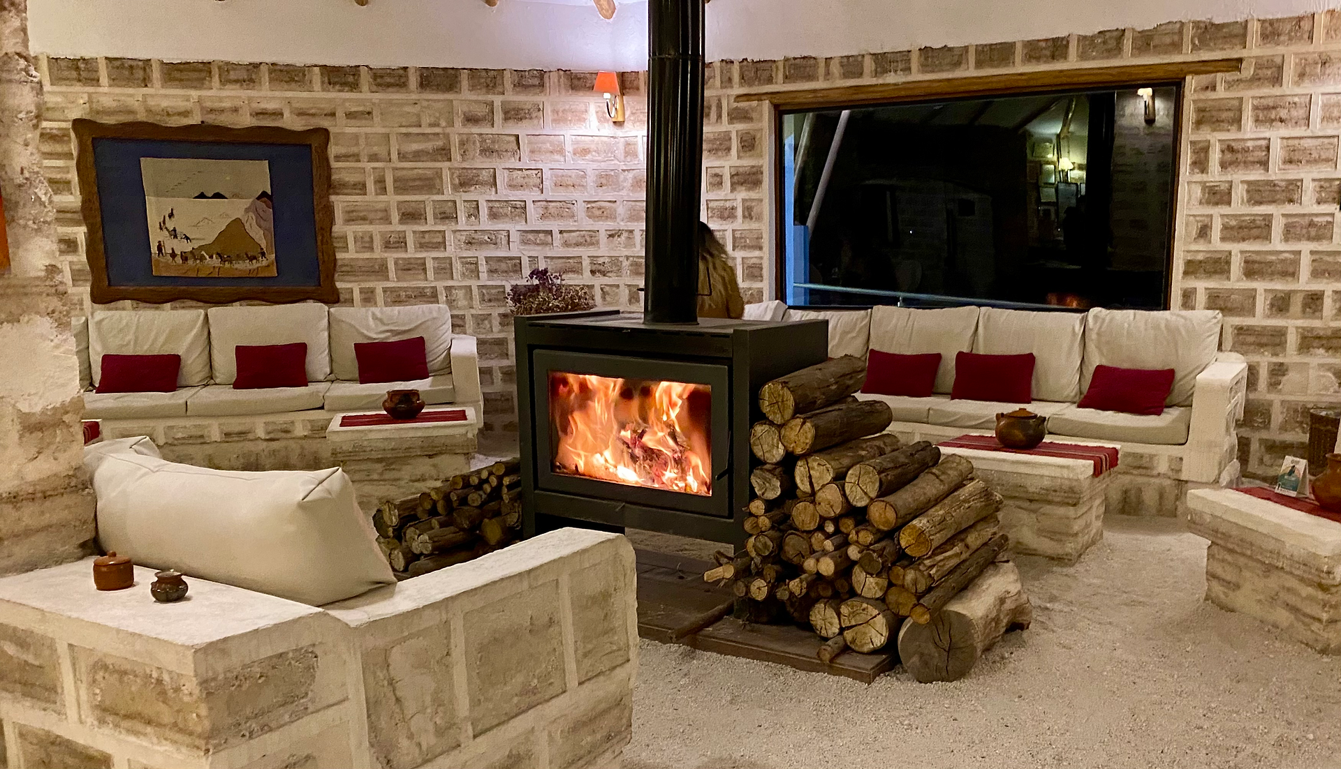 wood stove fireplace and chairs