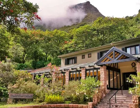 rustic lodge surrounded by green trees