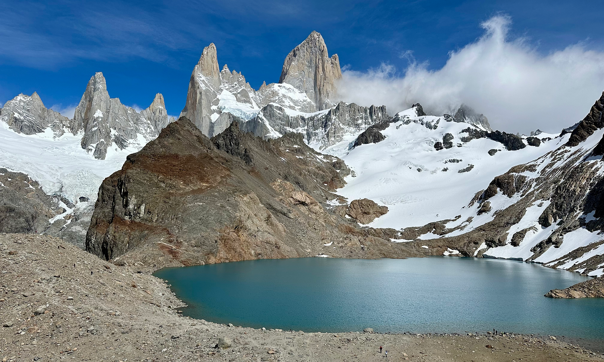 green lake with snow covered mountains