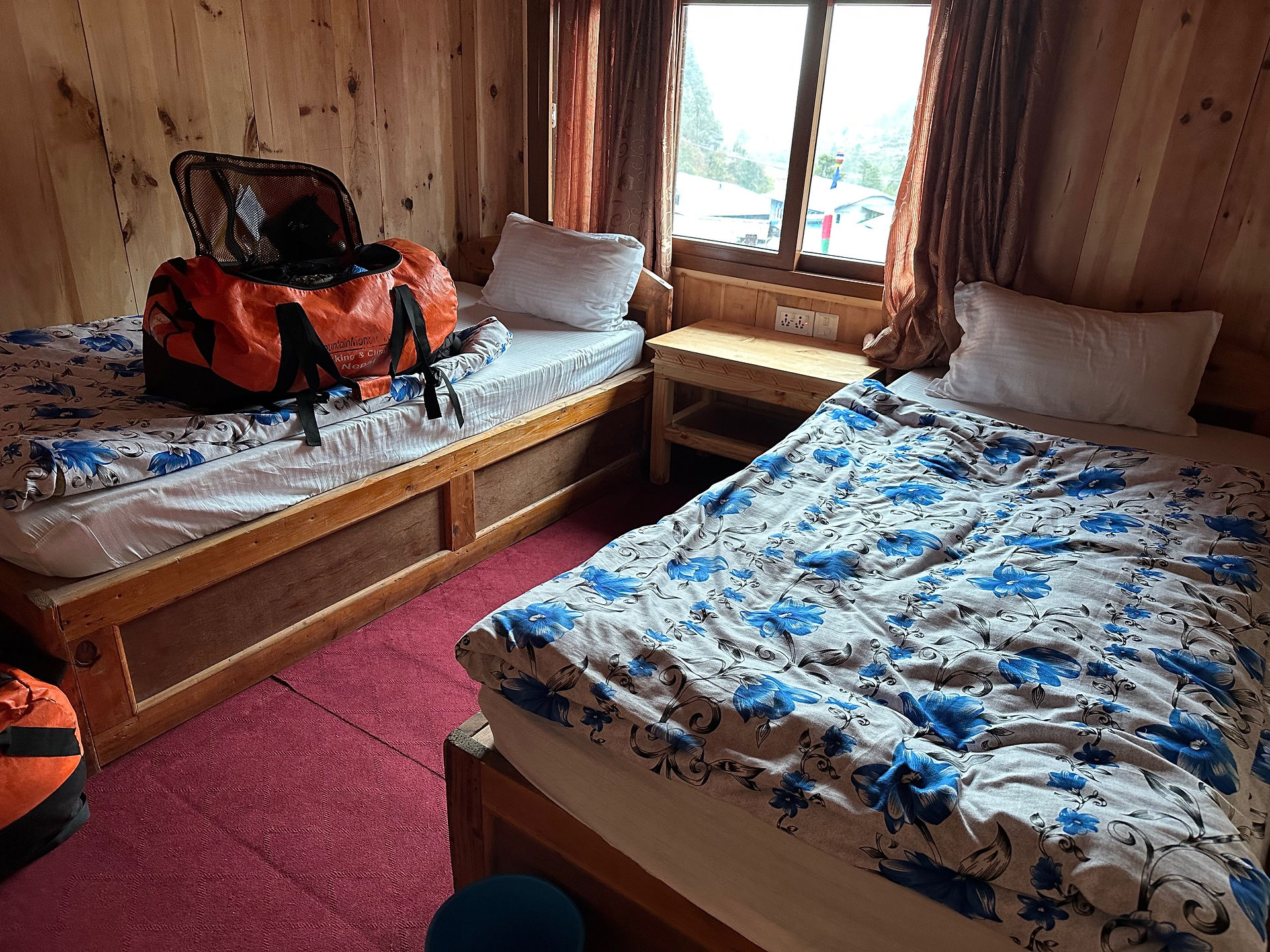room with two beds and blue blankets