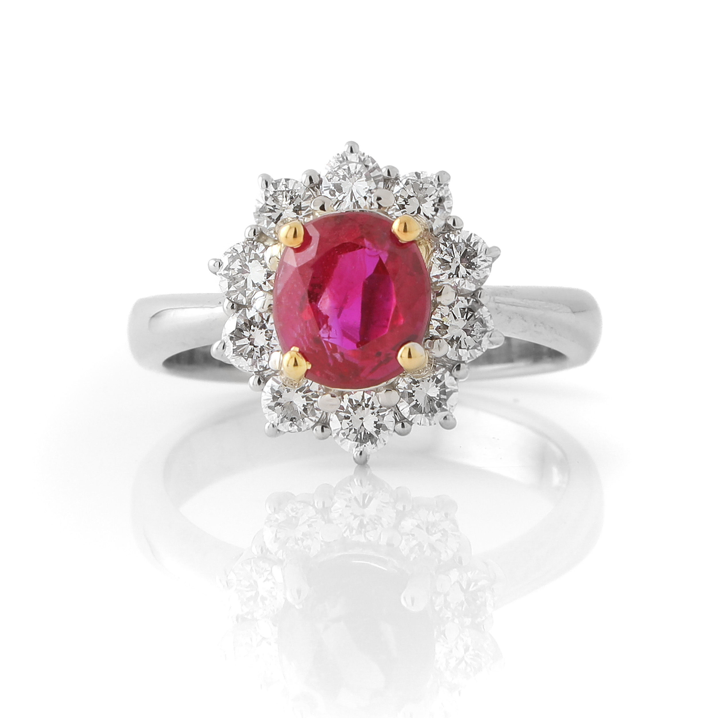 1.57 Ct Burma Ruby & Diamond Halo Ring GIA certified Platinum & 18k yellow gold