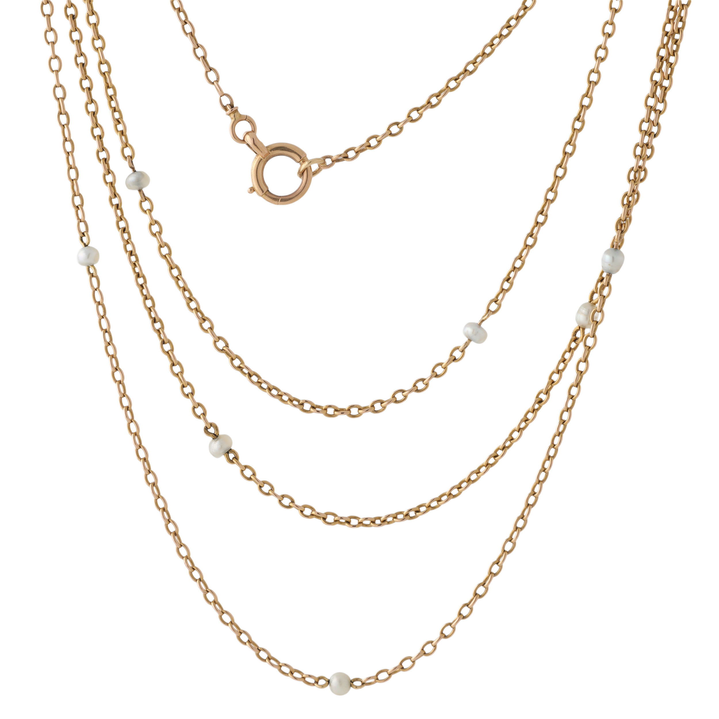 Antique Long 52.5'' French Solid Pearl Station Chain Necklace 18k yellow gold